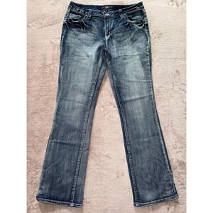 CATO Women's Bootcut Blue‎ Denim Jeans Cross Embroidery Size 12